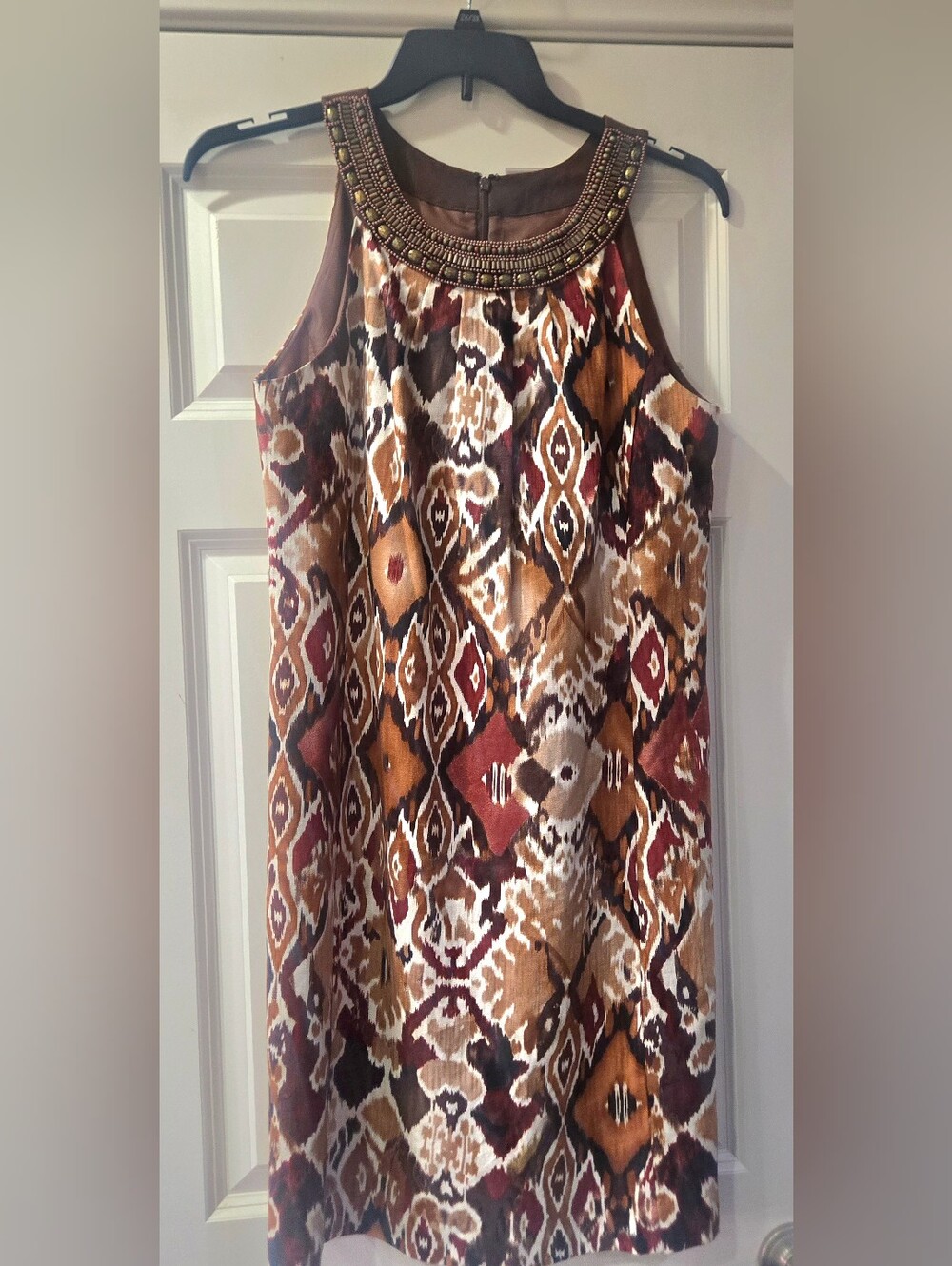 Sleeveless Brown Ikat Print Shift Dress